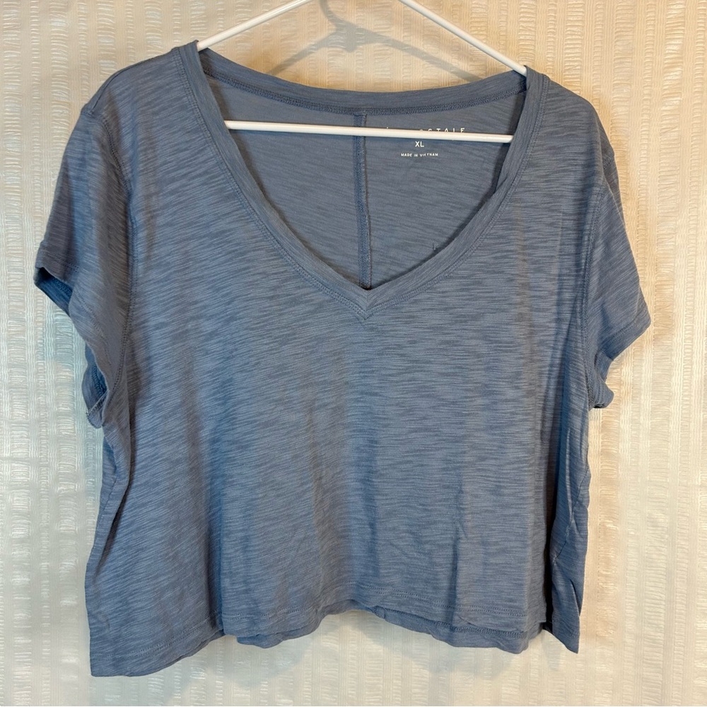 Casual Blue V-Neck Cropped Top